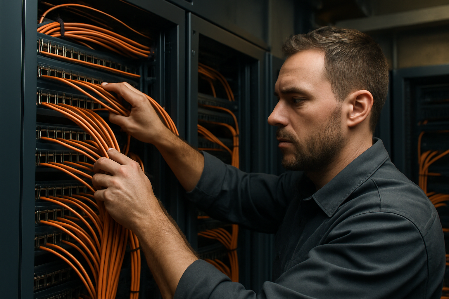 Especialista de NexoTech Soluciones IT configurando equipamiento de red en una sala técnica industrial