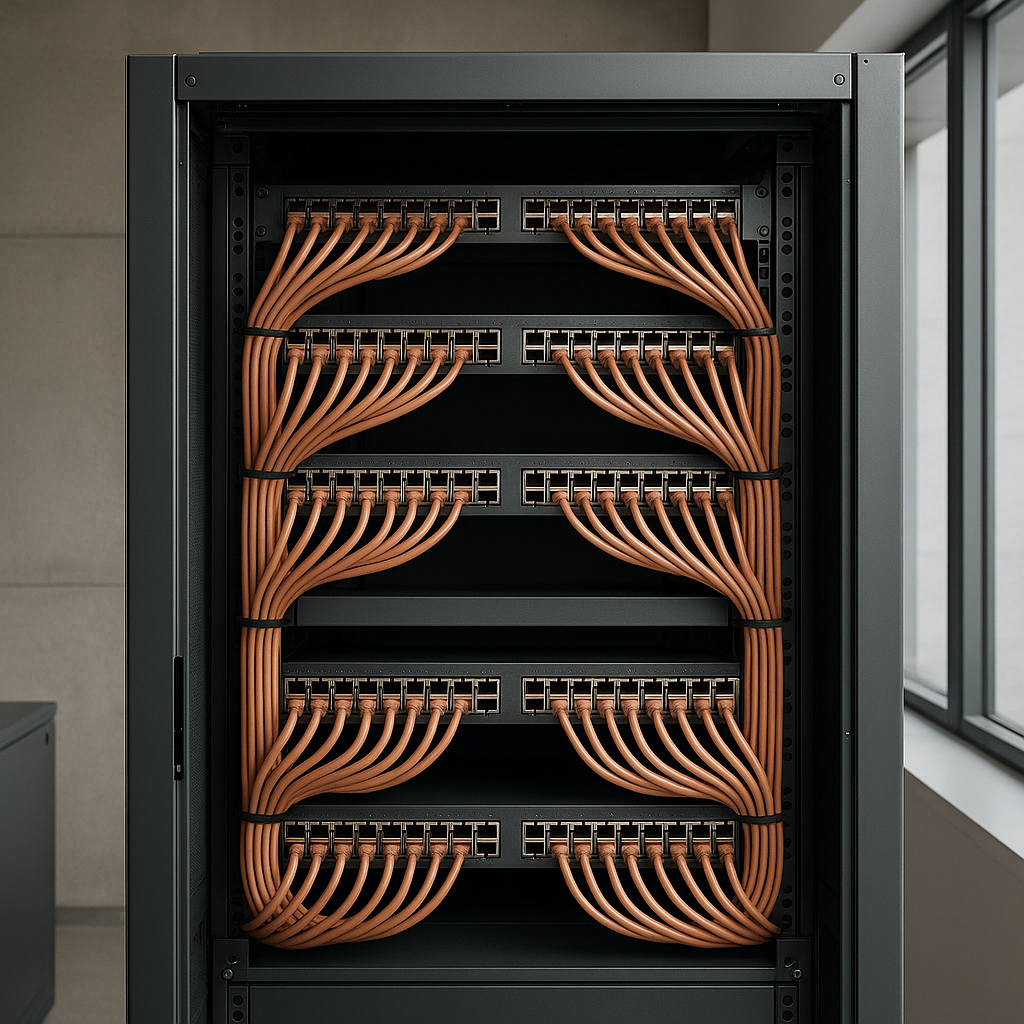 Rack de red organizado con cableado estructurado en una oficina corporativa