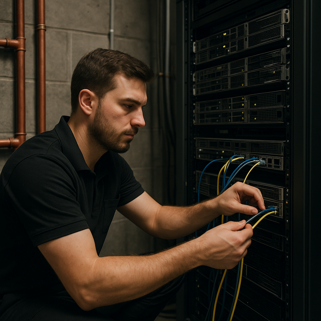 Técnico de NexoTech realizando mantenimiento de servidores en sala técnica