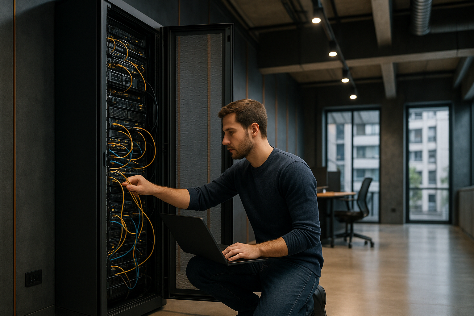 Técnico de NexoTech Soluciones IT trabajando en un rack de servidores en una oficina moderna de Buenos Aires